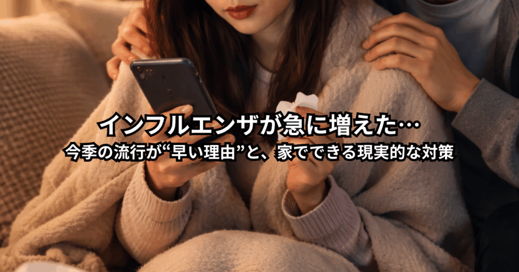 夜に体調不安でスマホを見る人とティッシュ、乾燥した部屋の空気感
