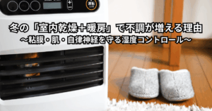 冬の室内でエアコン暖房と加湿器を使いながら湿度を40〜60％に保ち、喉の痛みや頭痛などの不調や自律神経の乱れを予防している様子を描いたイメージイラスト