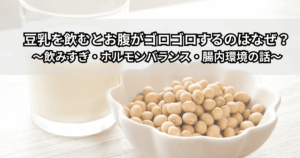 豆乳を飲んでお腹がゴロゴロしている女性と、腸内環境やホルモンバランスのイメージが重なったイラスト