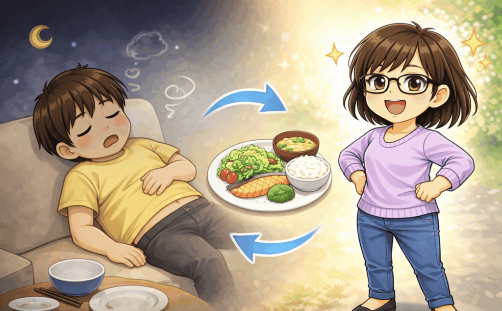 食後にだるくなりやすい人が腹八分目で体が軽くなるイメージの写真