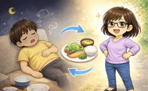 食後にだるくなりやすい人が腹八分目で体が軽くなるイメージの写真