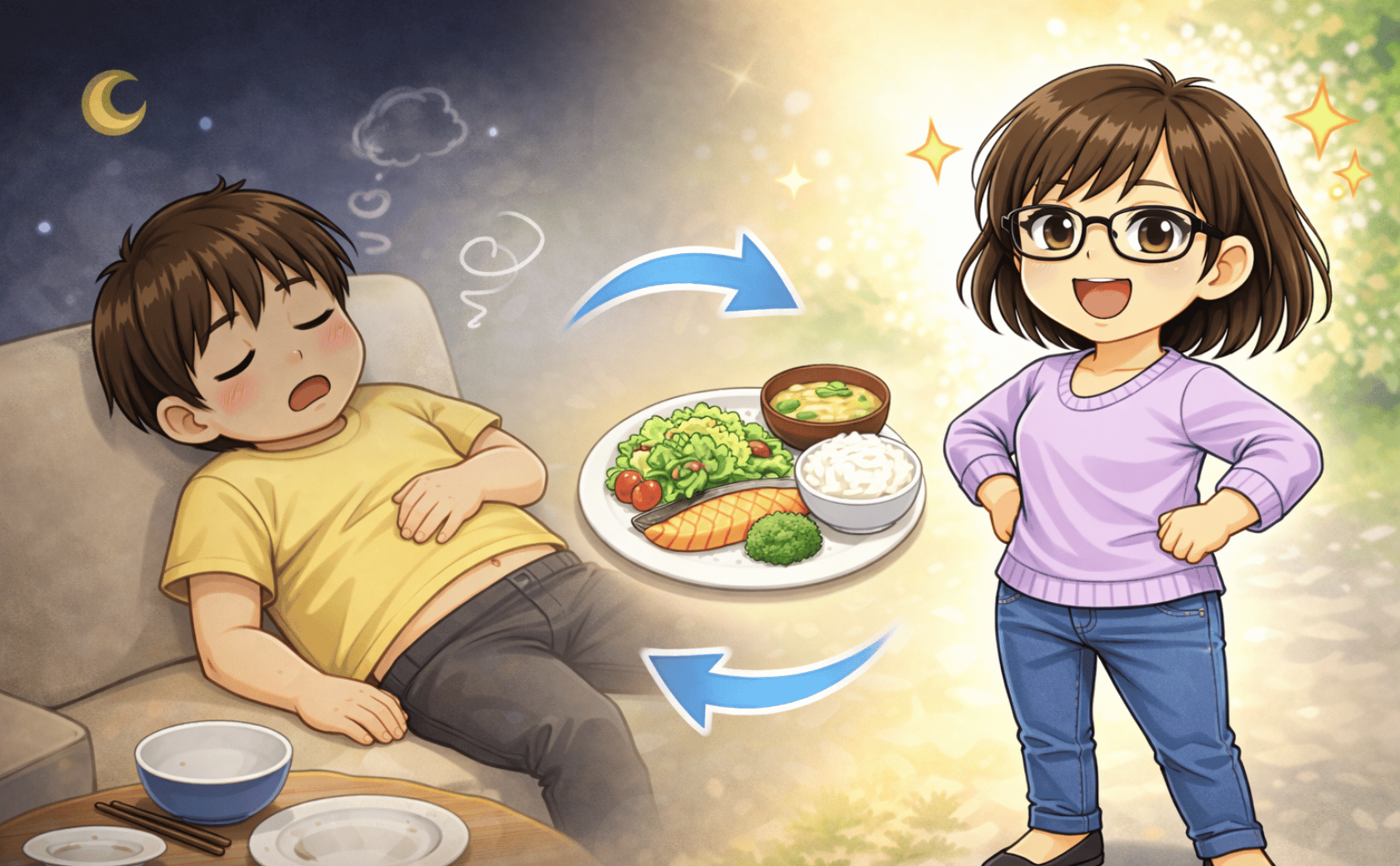 食後にだるくなりやすい人が腹八分目で体が軽くなるイメージの写真