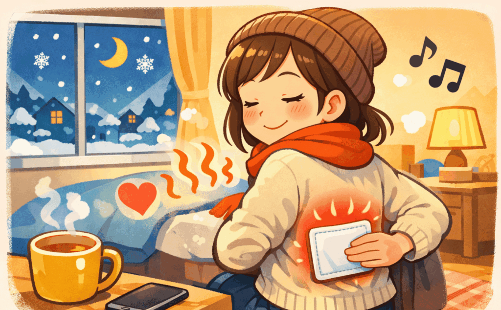 冬の部屋でホッカイロを服の上から当てて冷え対策する人の手元と表情