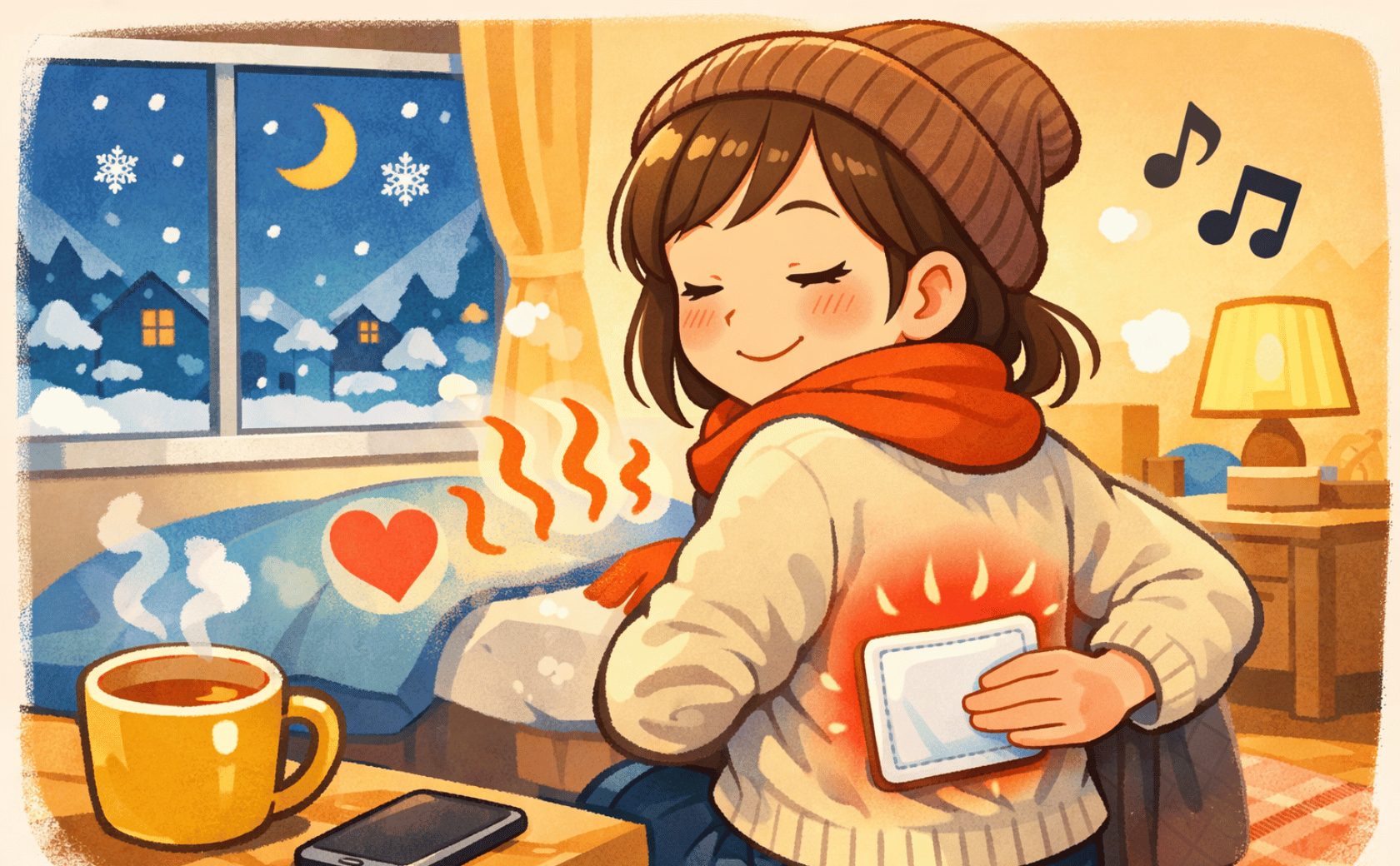 冬の部屋でホッカイロを服の上から当てて冷え対策する人の手元と表情